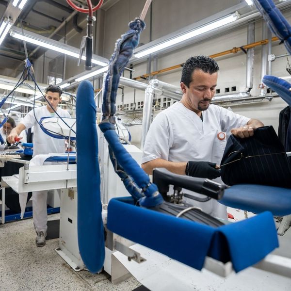 Dry cleaners pressing and steaming fabric 