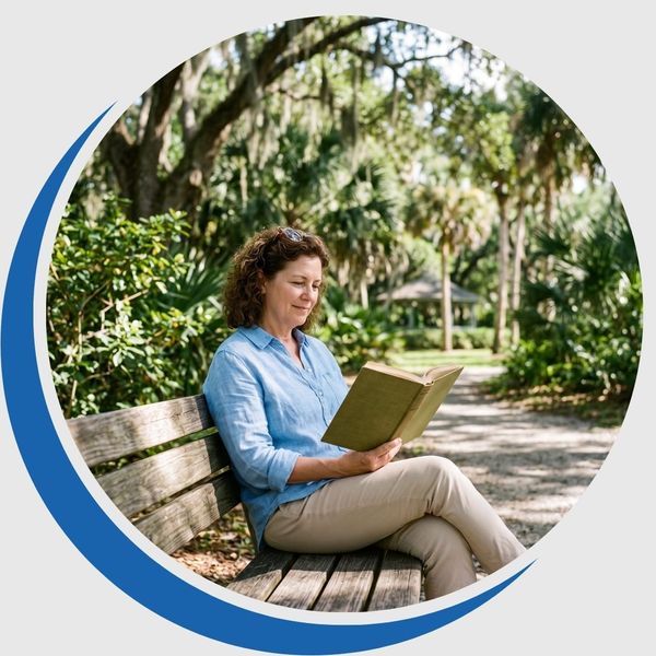 Relaxed woman sitting on a park bench reading a book comfortably in a sunlit Venice, Florida park.