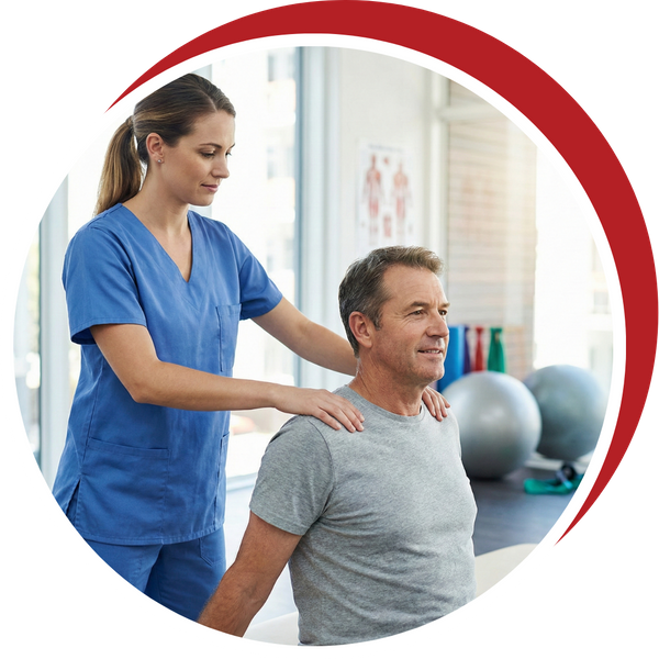 A physical therapist assisting a man with a stretching exercise in a modern clinic.
