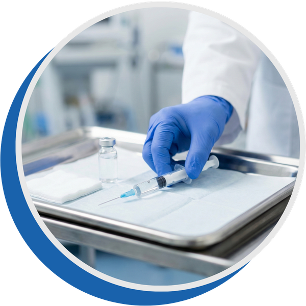 A doctor preparing a syringe for a knee injection in a sterile setting.