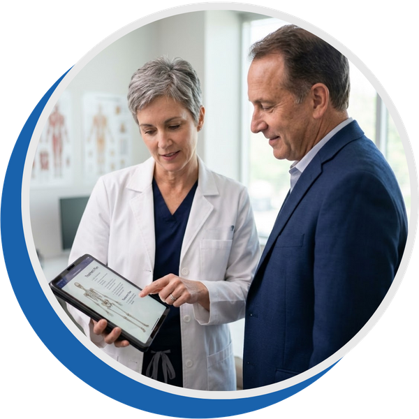 A female doctor and male consultant in professional attire reviewing a patient’s arthritis treatment plan