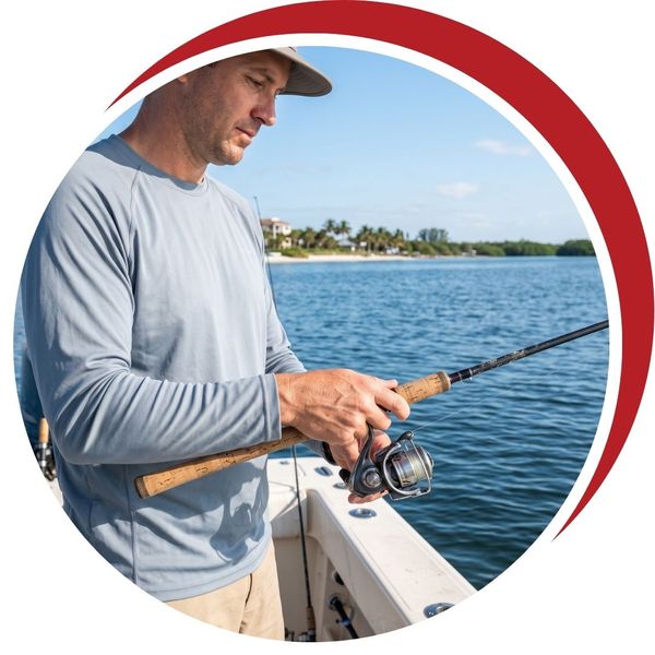 Man with a strong, pain-free grip holding a fishing rod on a boat off the Fort Myers coast.