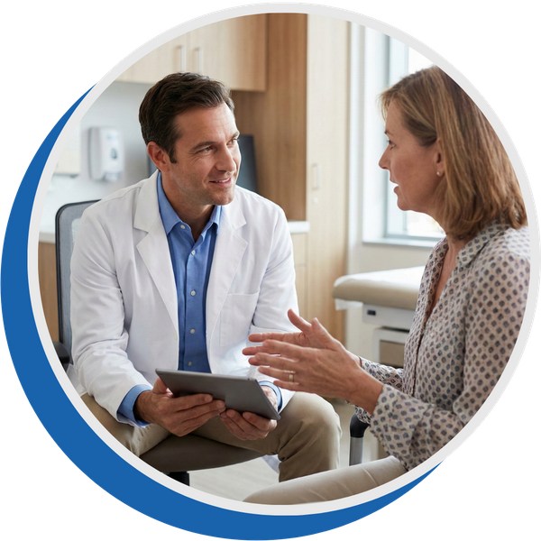 A doctor and patient discussing a diagnosis with a tablet in a consultation room.