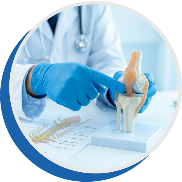 a doctor’s hand pointing to a medical spine model, illustrating the precise diagnostic approach used for tailored cancer pain treatment in our clinic