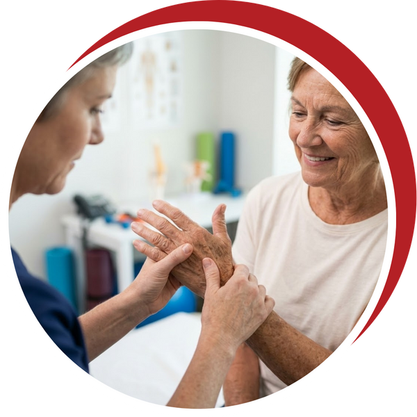 A physical therapist provides hands-on joint therapy to an older patient’s arthritic hand in a brightly lit therapy room