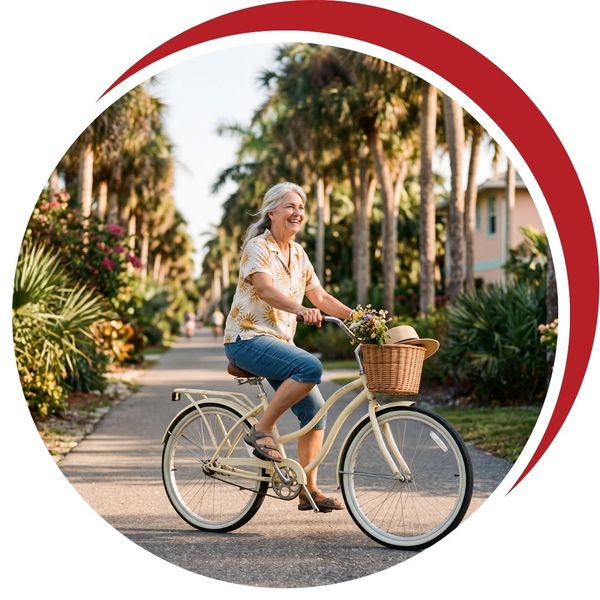 Active senior woman enjoying a pain-free bicycle ride along a palm-tree lined trail in Venice.