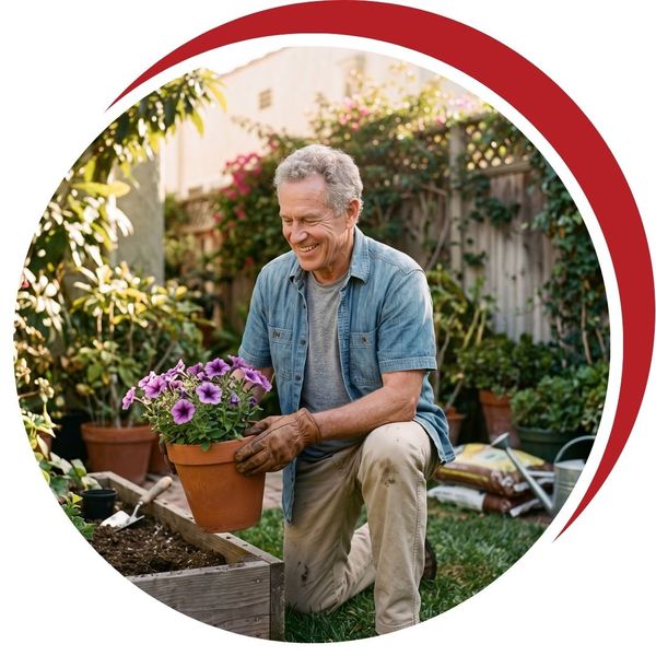 Older man kneeling comfortably in his garden while lifting a potted flower without pain.