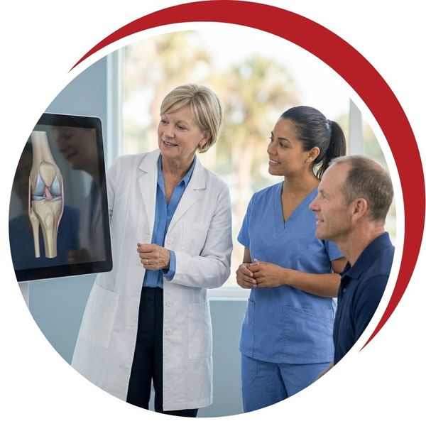 A doctor and the physical therapist review a 3D anatomical model of a knee on a digital monitor