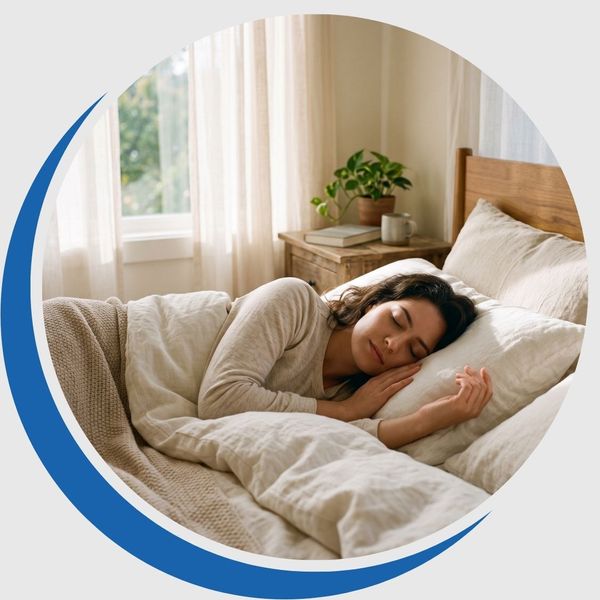 Woman sleeping peacefully in a sunlit bedroom after receiving effective fibromyalgia treatment.