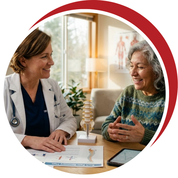 doctor in a white coat consulting with an older female patient in a clinic