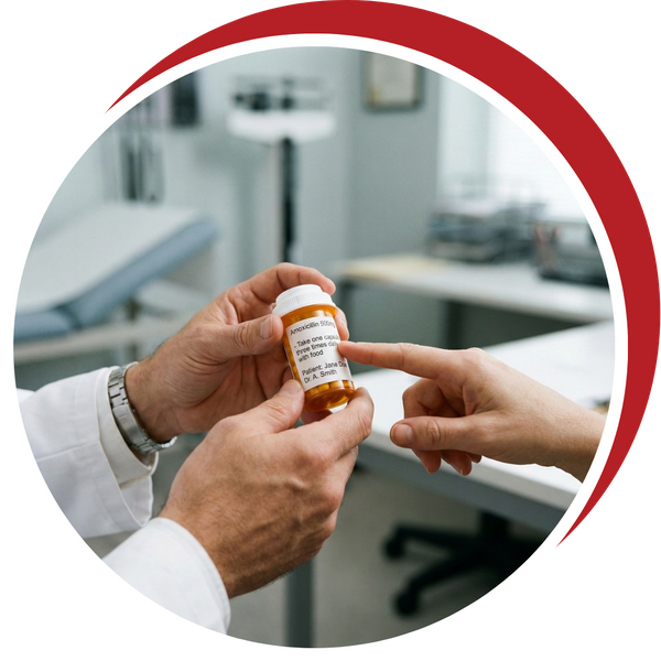 A doctor's hands explaining prescription medication bottles to a patient.