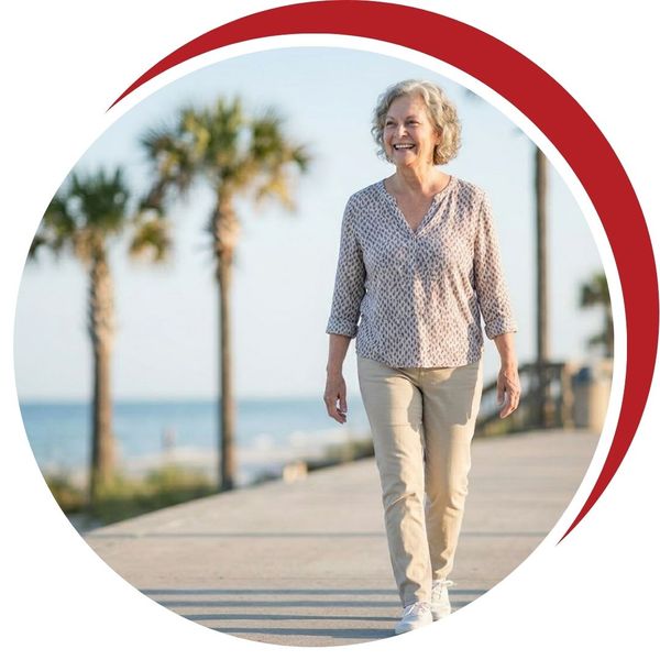 A woman walking effortlessly on a sunny Venice, FL boardwalk