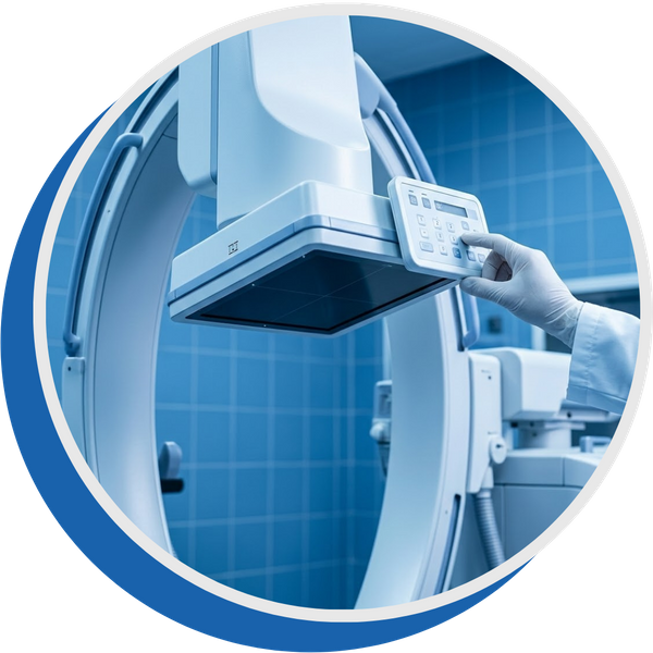 physician adjusting a high-tech C-arm fluoroscopy system, showcasing the innovative interventional procedures