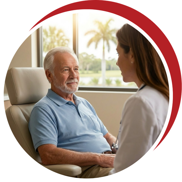 elderly cancer patient, fully awake and relaxed, smiling while discussing supportive care options with the doctor