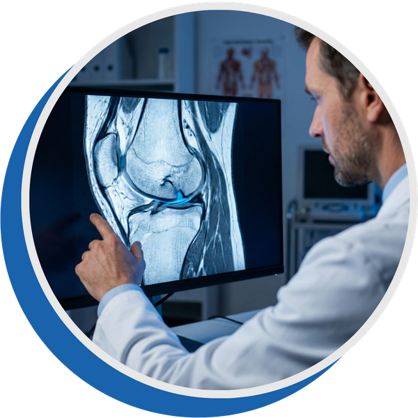 doctor examining a patient's knee in a medical office.