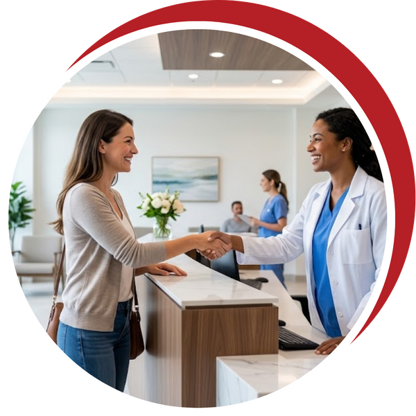 happy woman shaking hands with doctor at desk 