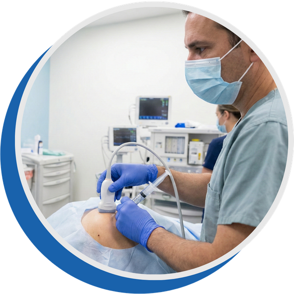 A medical professional performing an ultrasound-guided injection on a patient's back.