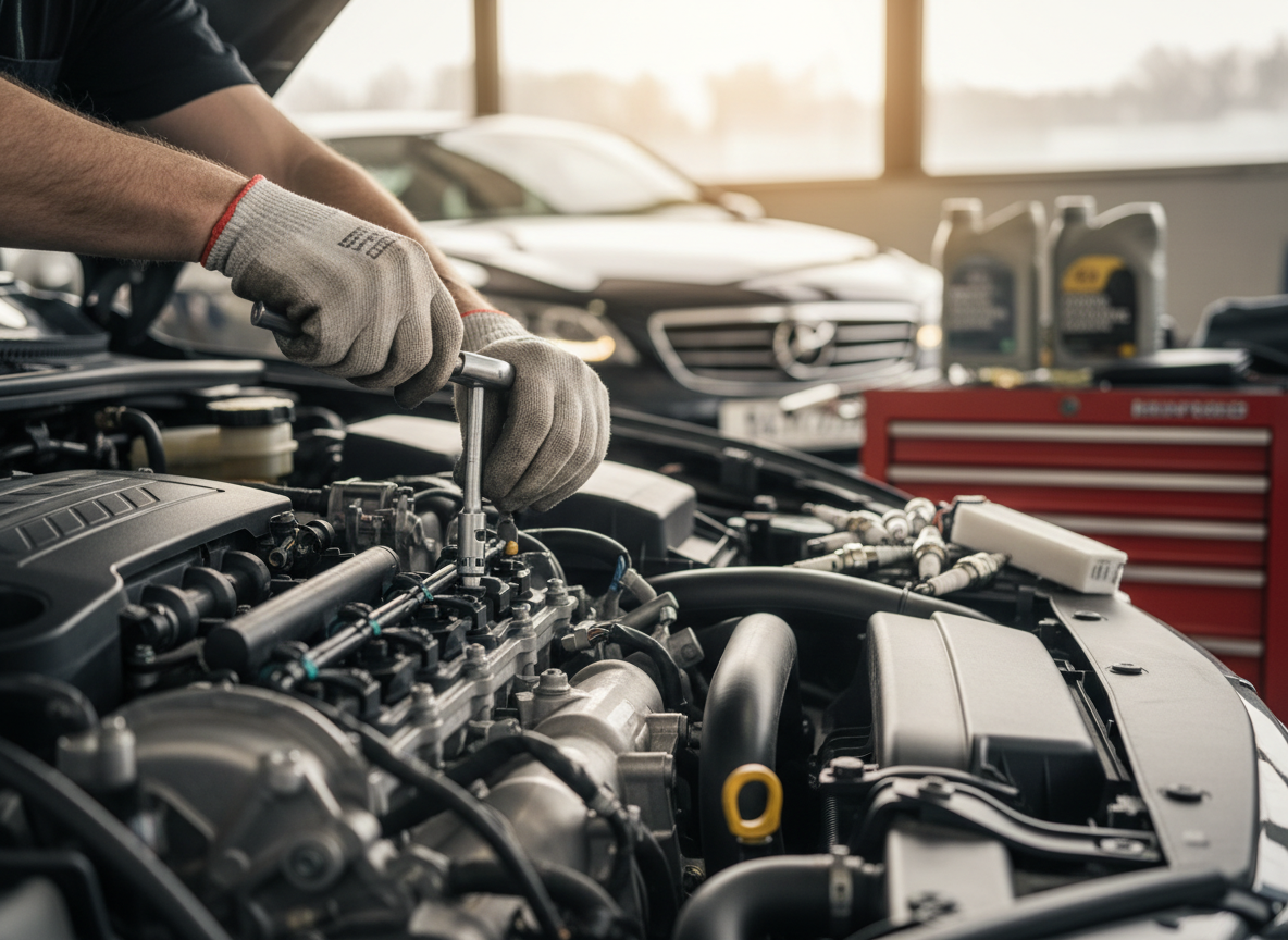 Mechanic Working on Car Engine in Garage