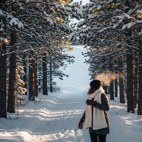 Person bundled up walking on a snow-covered trail