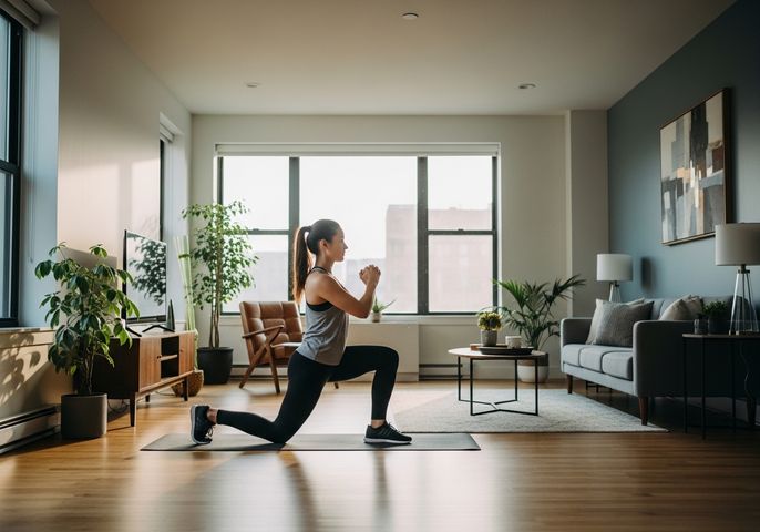 a person doing a lunge in an apartment