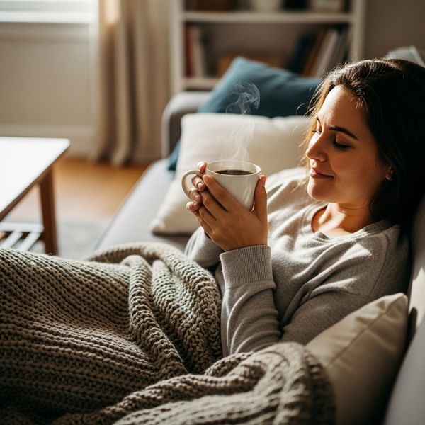 a happy person resting on a couch with a blanket covering them and a cup of coffee in their hands