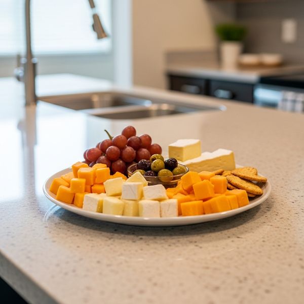 Small serving platter of appetizers on a light granite kitchen countertop