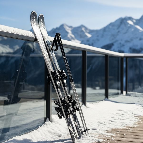 Skis leaning against a deck railing with a snowy mountain landscape background