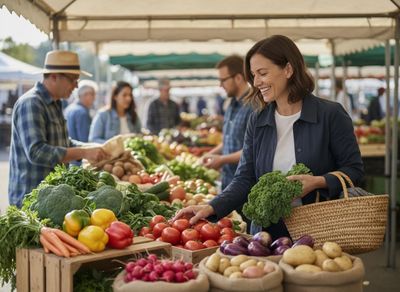 person looking at fresh vegetables at a farmers market