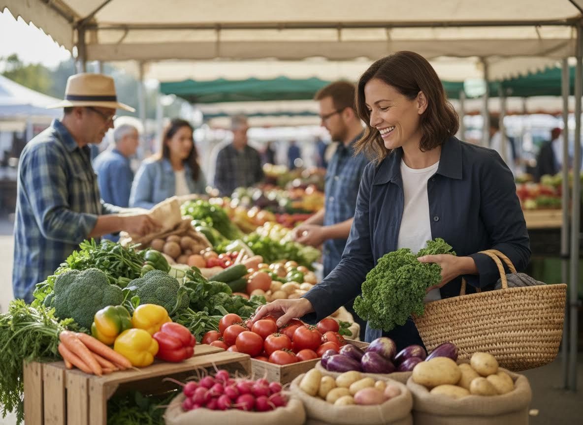 person looking at fresh vegetables at a farmers market