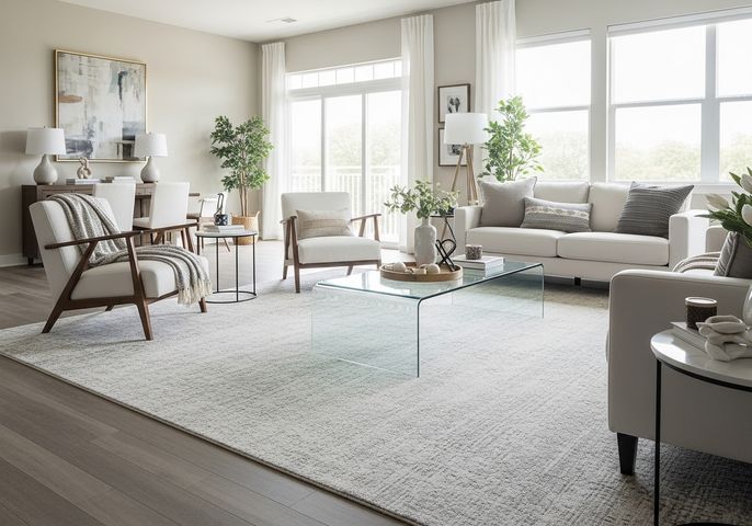 apartment living room showing how rugs and a glass coffee table create a sense of space.