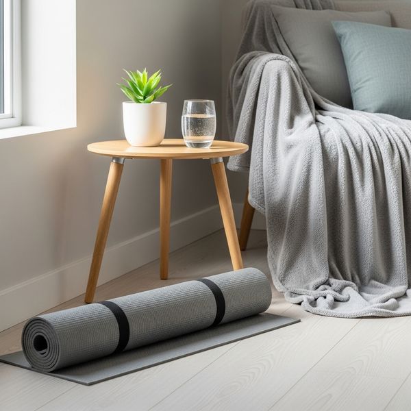 A cozy corner of an apartment with a neatly rolled yoga mat