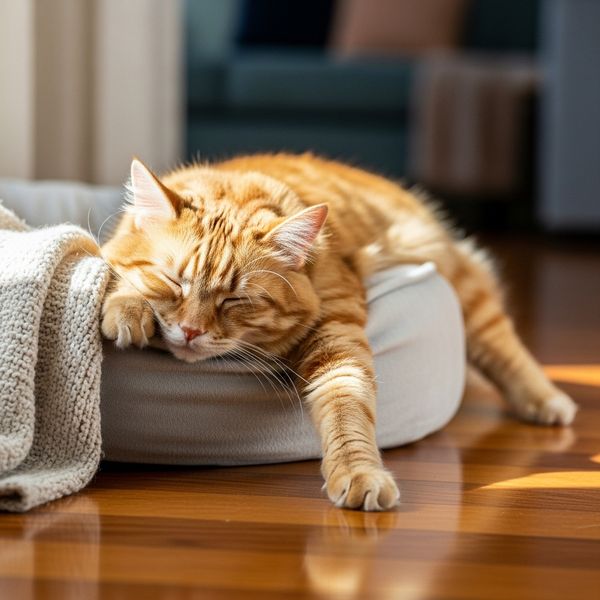 cat stretched out sleeping in its bed