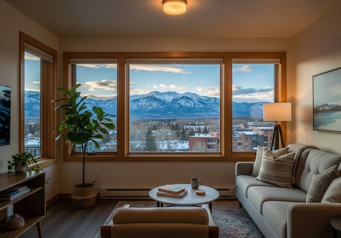Apartment interior featuring a view of the Rocky Mountains.