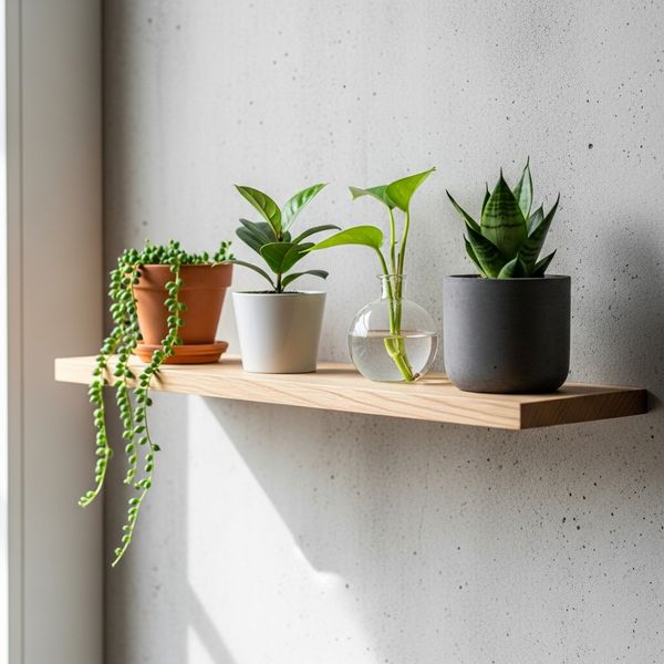 Floating wall shelf displaying small houseplants
