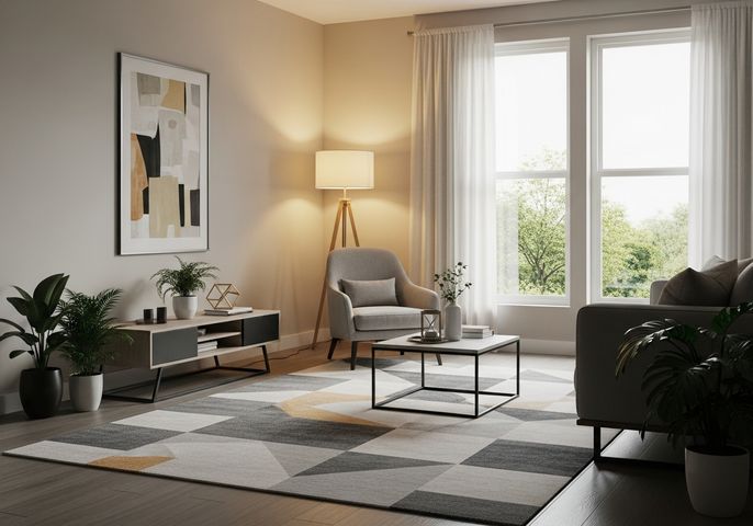 Modern apartment living room with a patterned area rug and a soft floor lamp defining the space.