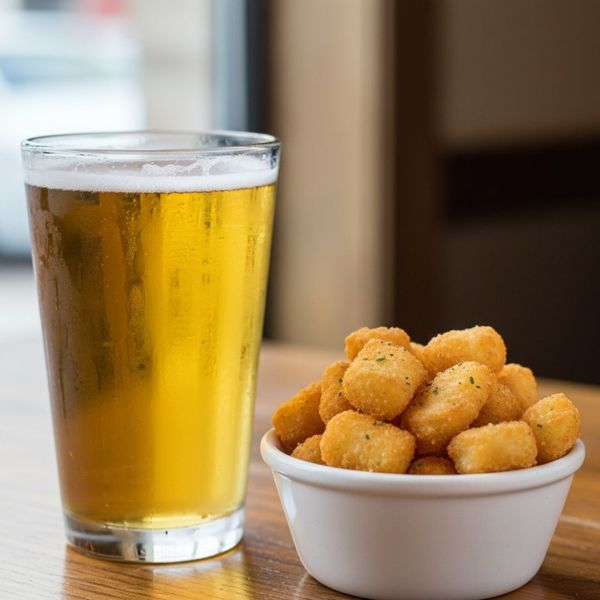 Pale Ale next to a bowl of crispy cheese curds