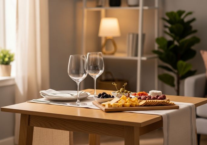 Cozy, modern apartment with a small dining table beautifully set for an intimate gathering