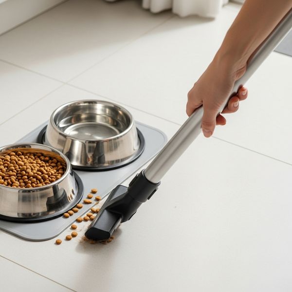 Hand using a stick vacuum near a pet's food bowls for daily surface cleaning.