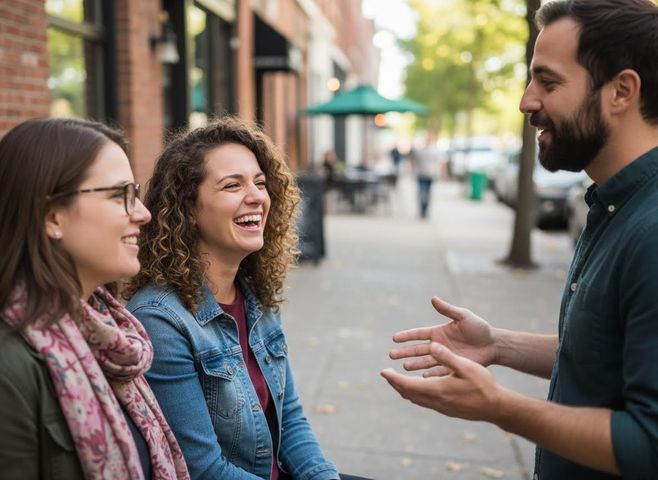 close-up of people talking on a sidewalk