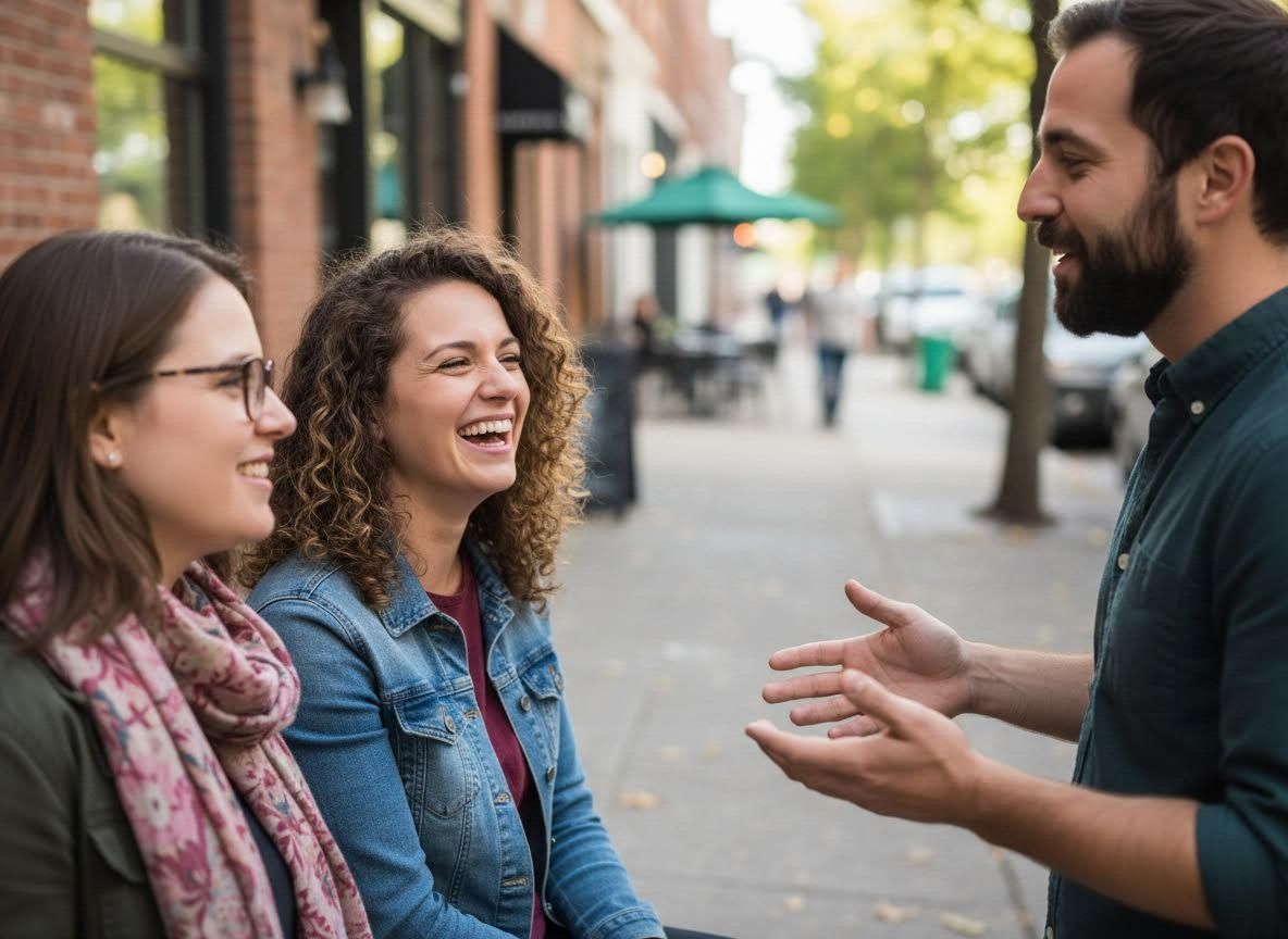 close-up of people talking on a sidewalk 