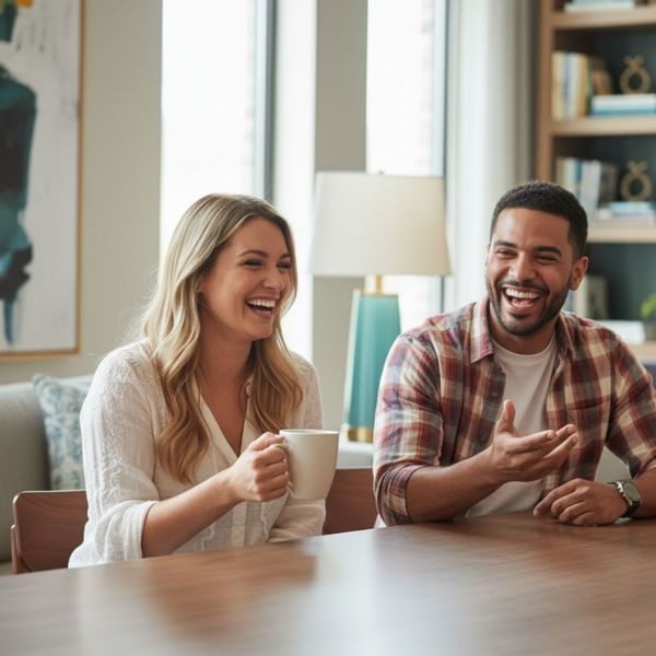 Neighbors chatting and laughing in a stylish apartment community lounge area Neighbors chatting and laughing in a stylish apartment community lounge area