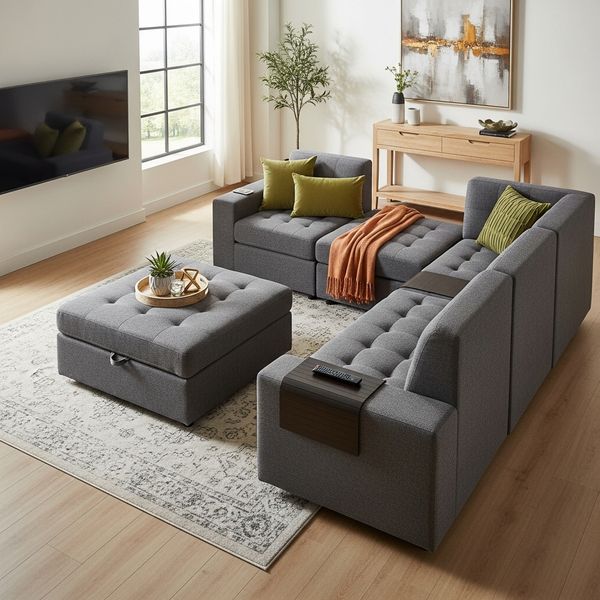 Modern apartment living room showing a clever, flexible furniture arrangement to maximize space