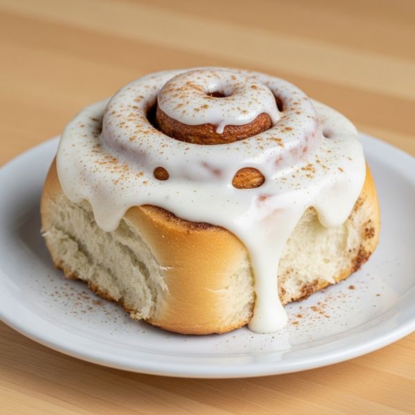 A large frosted cinnamon roll on a white plate