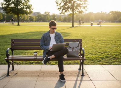 person sitting on a bench by a sidewalk in a grassy area working on a laptop