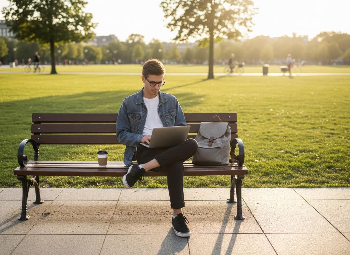 person sitting on a bench by a sidewalk in a grassy area working on a laptop