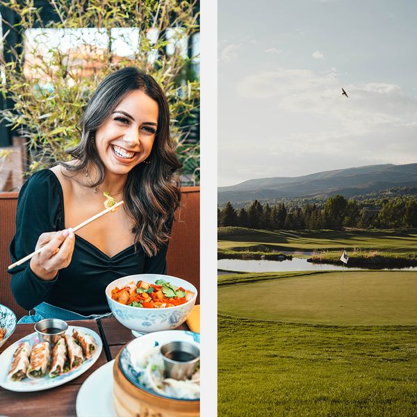 A collage of images of a beautiful young woman eating a poke bowl on a date and a Colorado golf course