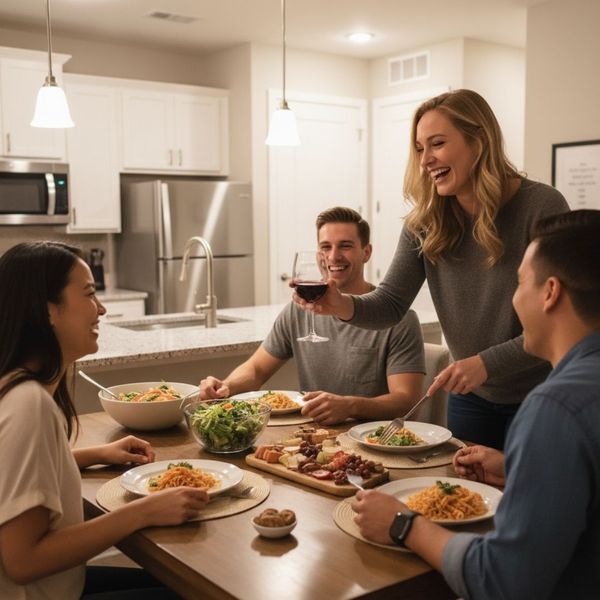 Neighbors sharing a meal at a modern dining table inside a luxury apartment. Neighbors sharing a meal at a modern dining table inside a luxury apartment.