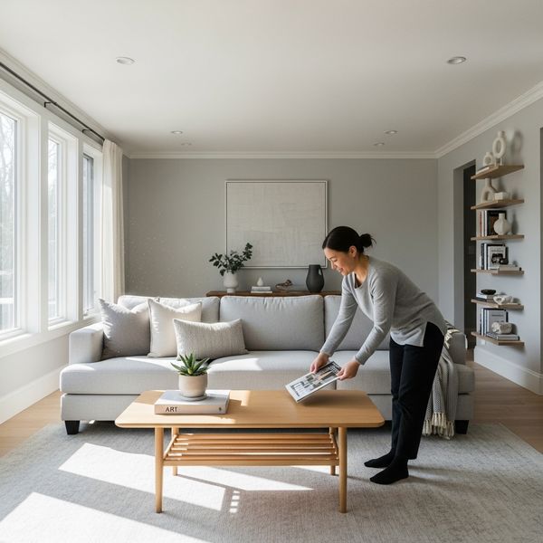woman removing clutter from her living room