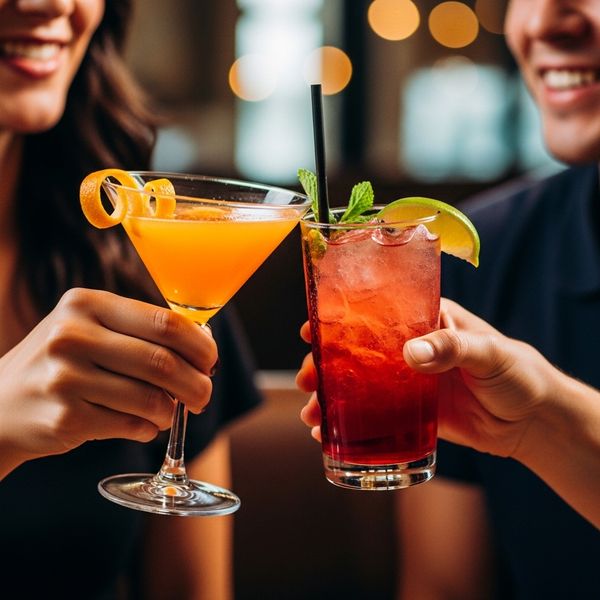 two people holding cocktails