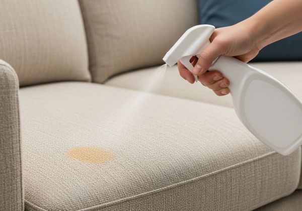 Hand spraying an enzymatic cleaner onto a light stain on a couch